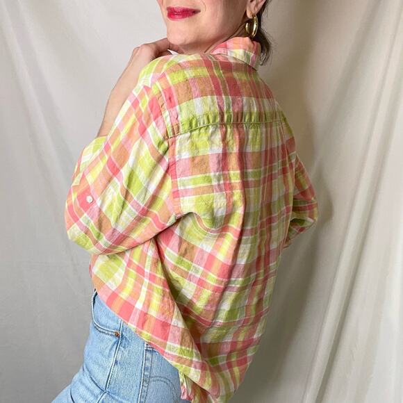 Vintage linen button-down shirt long sleeve plaid blouse watermelon pink green M - Picture 15 of 17